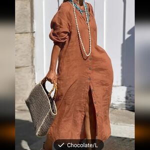 Cinnamon colored linen dress button front, collarless, w/pockets NWOT